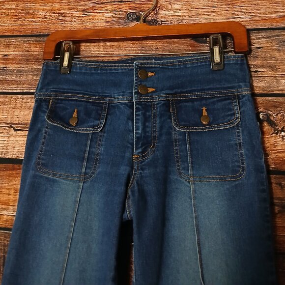 Opus Jeans Size 5 Flare Leg Low Rise Patch Pocket Seamed Blue Denim Stretch VTG - Picture 4 of 9